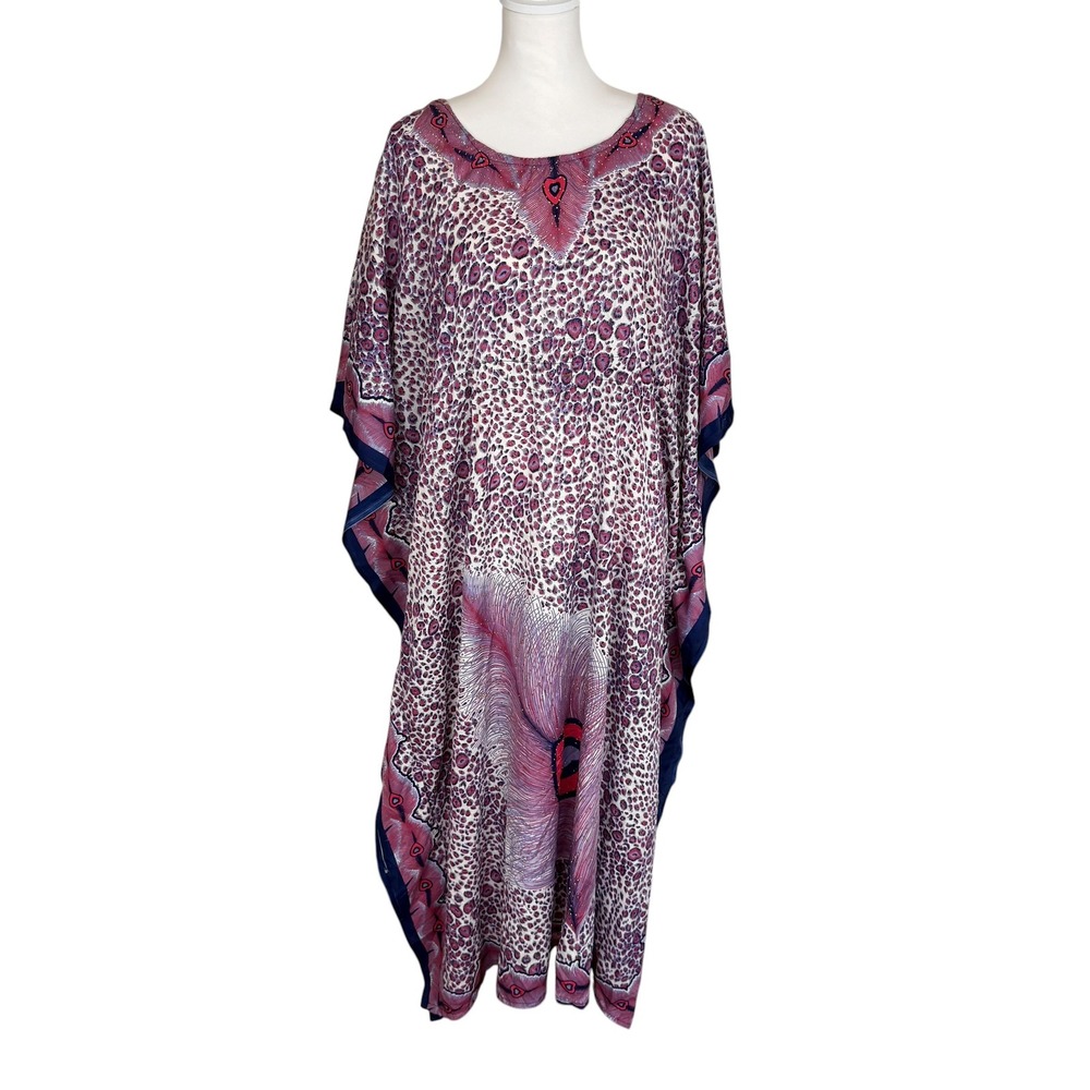 True Rock Women Purple Leopard Peacock Feather Heart Kaftan Maxi Dress Free Size